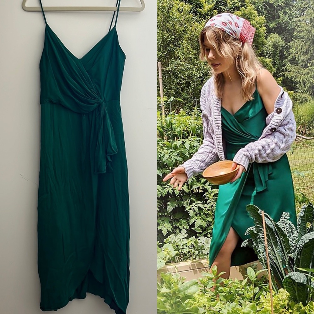 Anthropologie Giverny Midi Slip Dress - Emerald Green